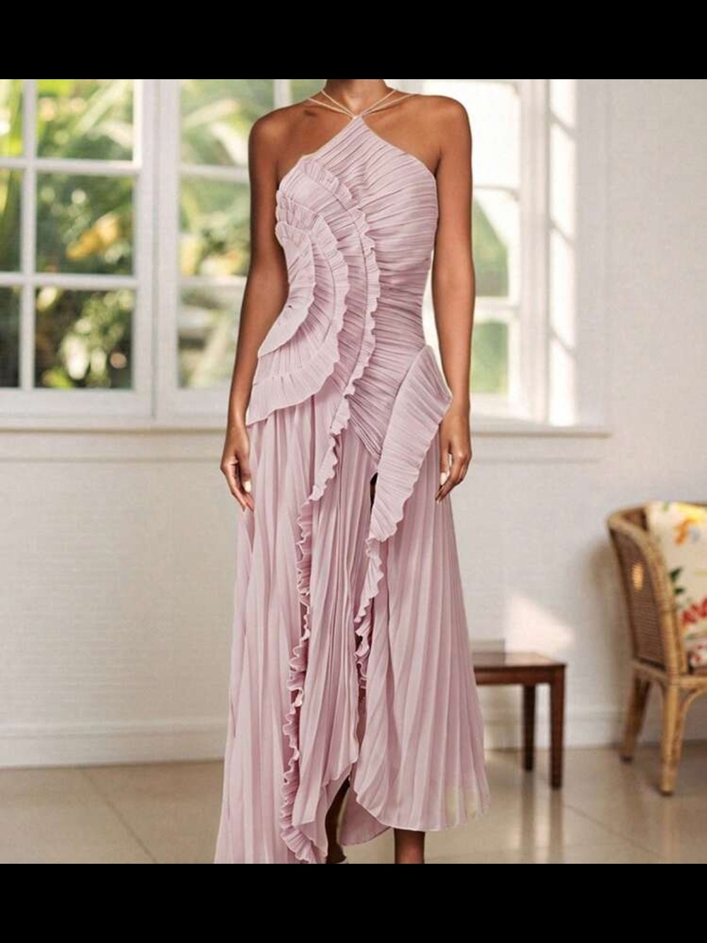 Chiffon Ruffle Halter Dress in Light Pink